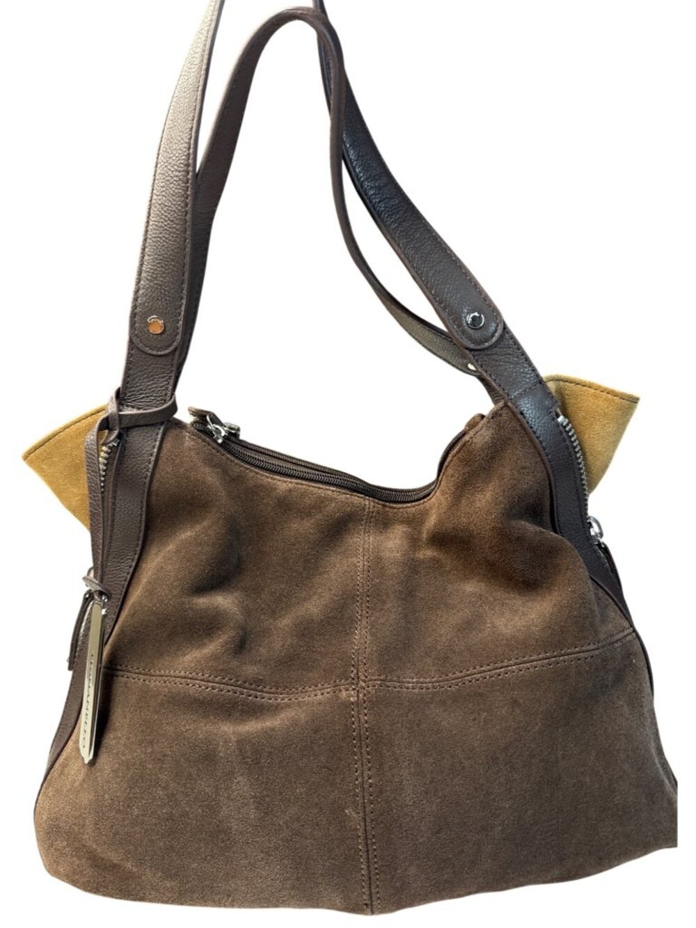 Tignanello Brown Suede & Leather Hobo Shoulder Bag W/Gold Interior Lining